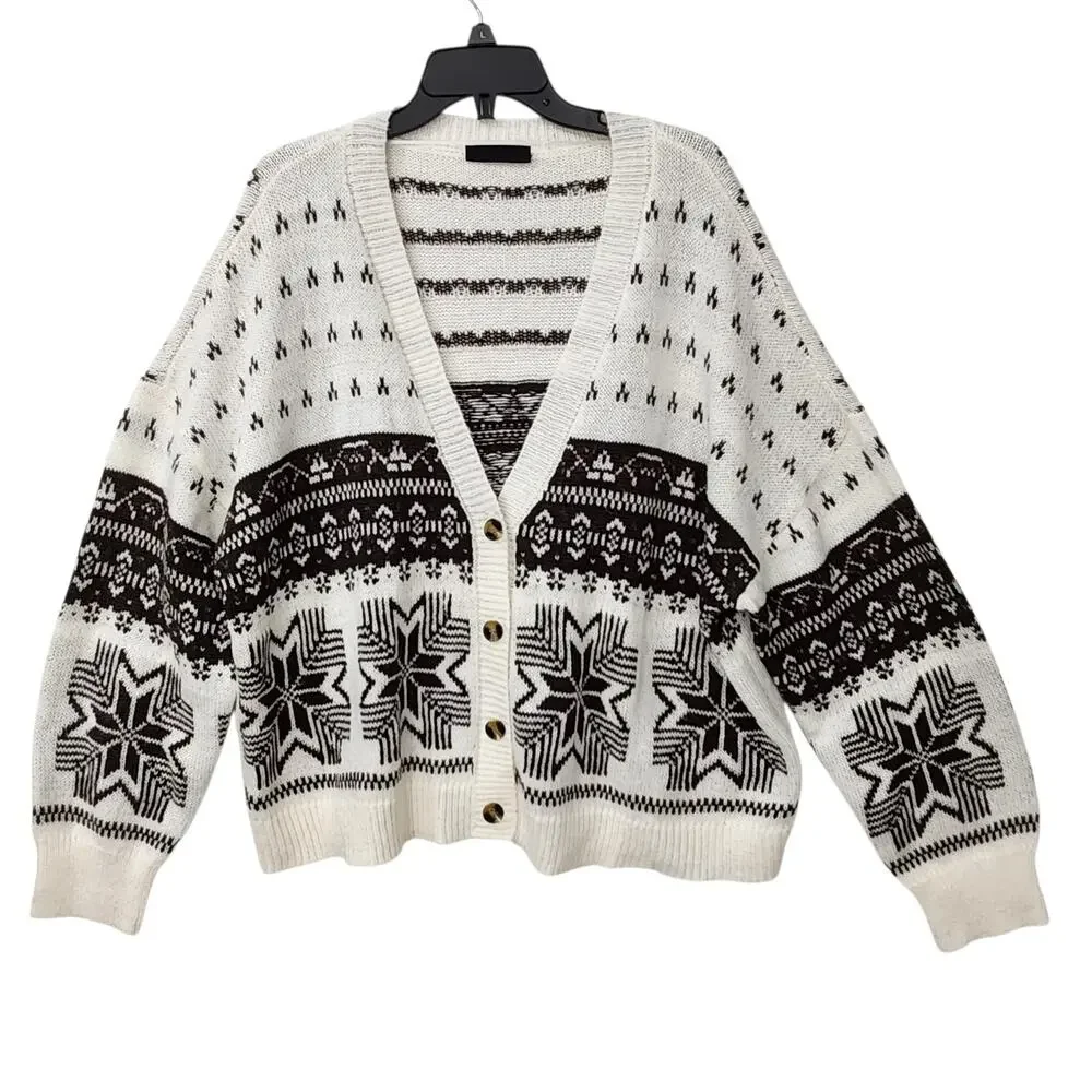 LANE BRYANT WOMENS CARDIGAN SWEATER FAIR ISLE BEIGE WESTERN BOHO PLUS 22 24 2XL